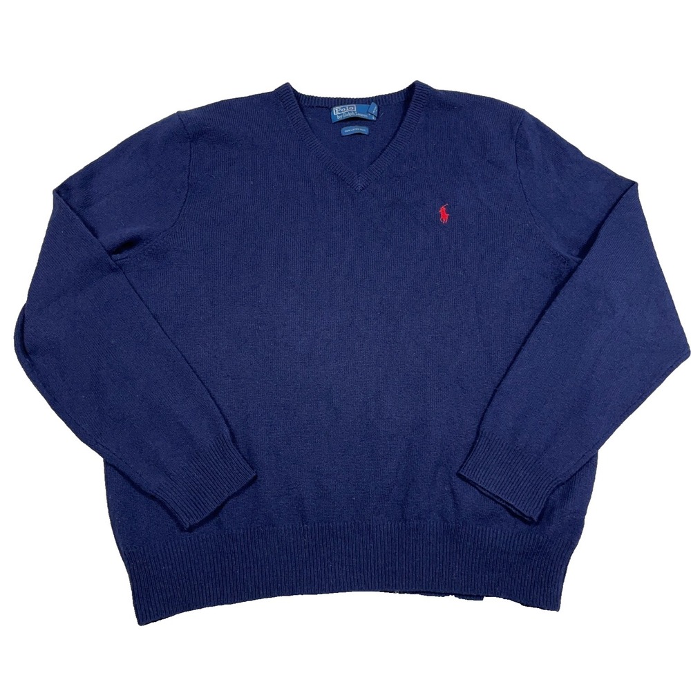 Polo Ralph Lauren Sweater Men XXL 2XL Navy Blue Lambs‎ Wool Knit V Neck Pullover